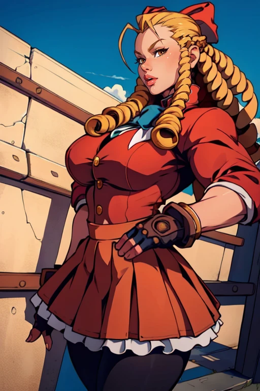 masterpiece,best quality,extreme detail,8k,<lora:karin:0.8>,karinsf5,1girl,solo,long hair,red skirt,blonde hair,gloves,bow,school uniform red,hair bow,pantyhose,fingerless gloves,lips,black pantyhose,antenna hair,hair pulled back,ringlets,cowboy shot,upper body,brown eyes,muscular,wide hips,