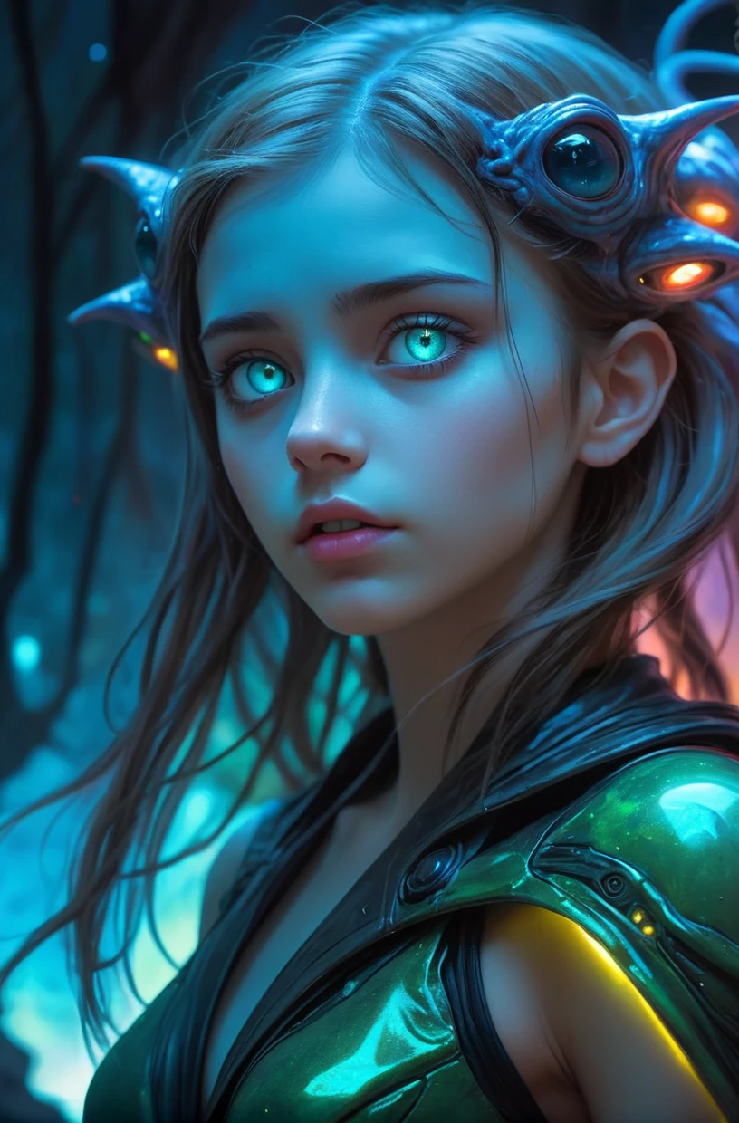 21 years old young woman exploring a bioluminescent alien world, semirealistic, colorful, vivid, sparkling eyes, shy,
realistic, sharp focus, digital art, concept art, ambient lighting, 4k, artstation hd, art by artgerm, luis royo, greg rutkowski, james gurney, james jean