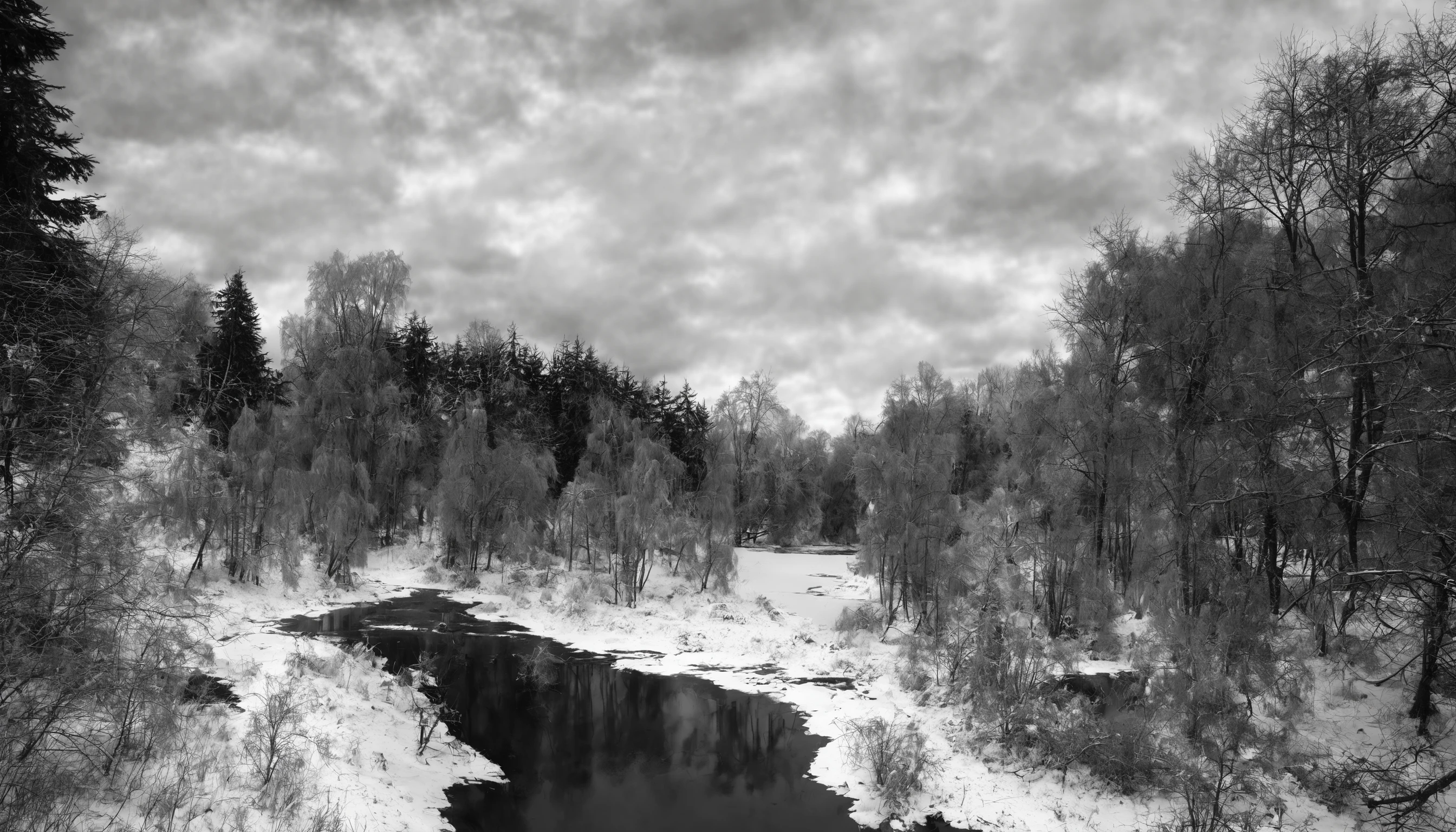 <lora:1:0.5>,Winter forest, no humans, scenery, monochrome, outdoors, greyscale, sky, nature, day, traditional media