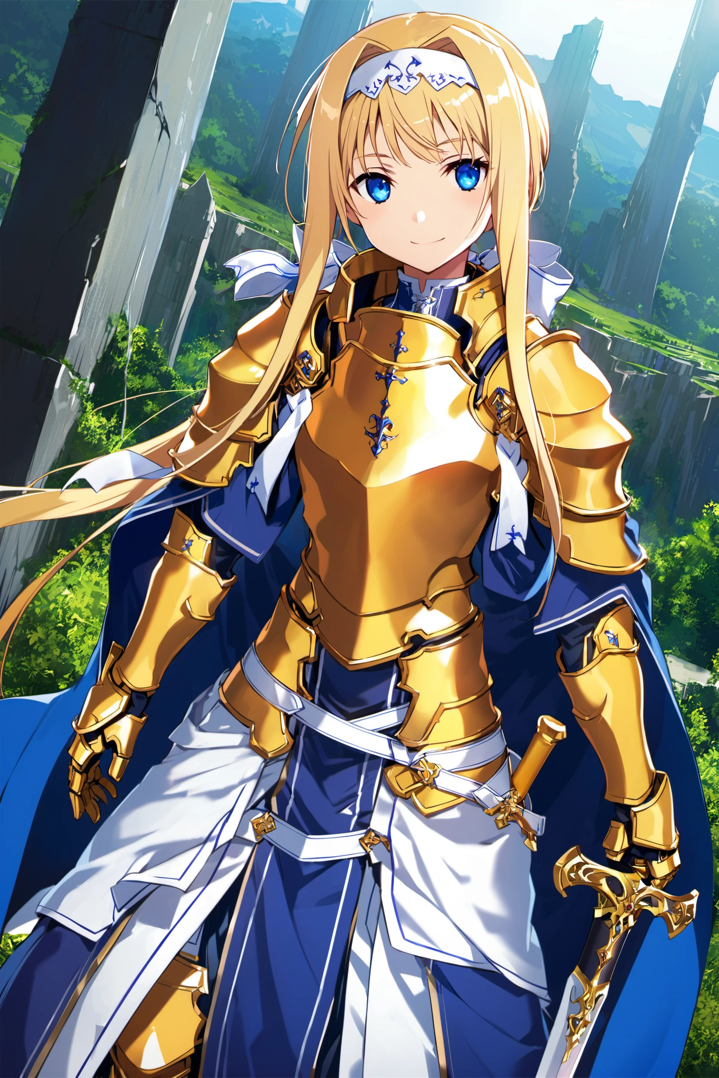 1girl, armor, long hair, alice zuberg, solo, blonde hair, blue eyes, weapon, blue cape, knight, sword, hairband, shoulder armor, dutch angle, sheath, cape,(gold breastplate:1.5), looking at viewer, white hairband, very long hair, braid, sheathed, pauldrons,gold armored dress, fantasy, white bow,(gold body armor:1.5), standing, blue dress, bangs, bow, dress, faulds, gauntlets, floating hair, white ribbon, sidelocks, ribbon, closed mouth, hair bow, smile,<lora:abec_XL:0.8>