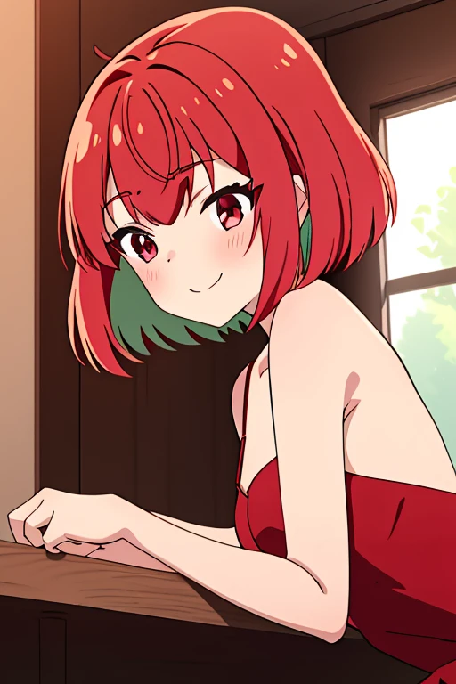 masterpiece, best quality,  <lora:KanaFujii:1>, 1girl, solo, red hair, short hair, bangs, red eyes, hair between eyes, green colored inner hair, 22 years old, smiling,  blush, hands behind back