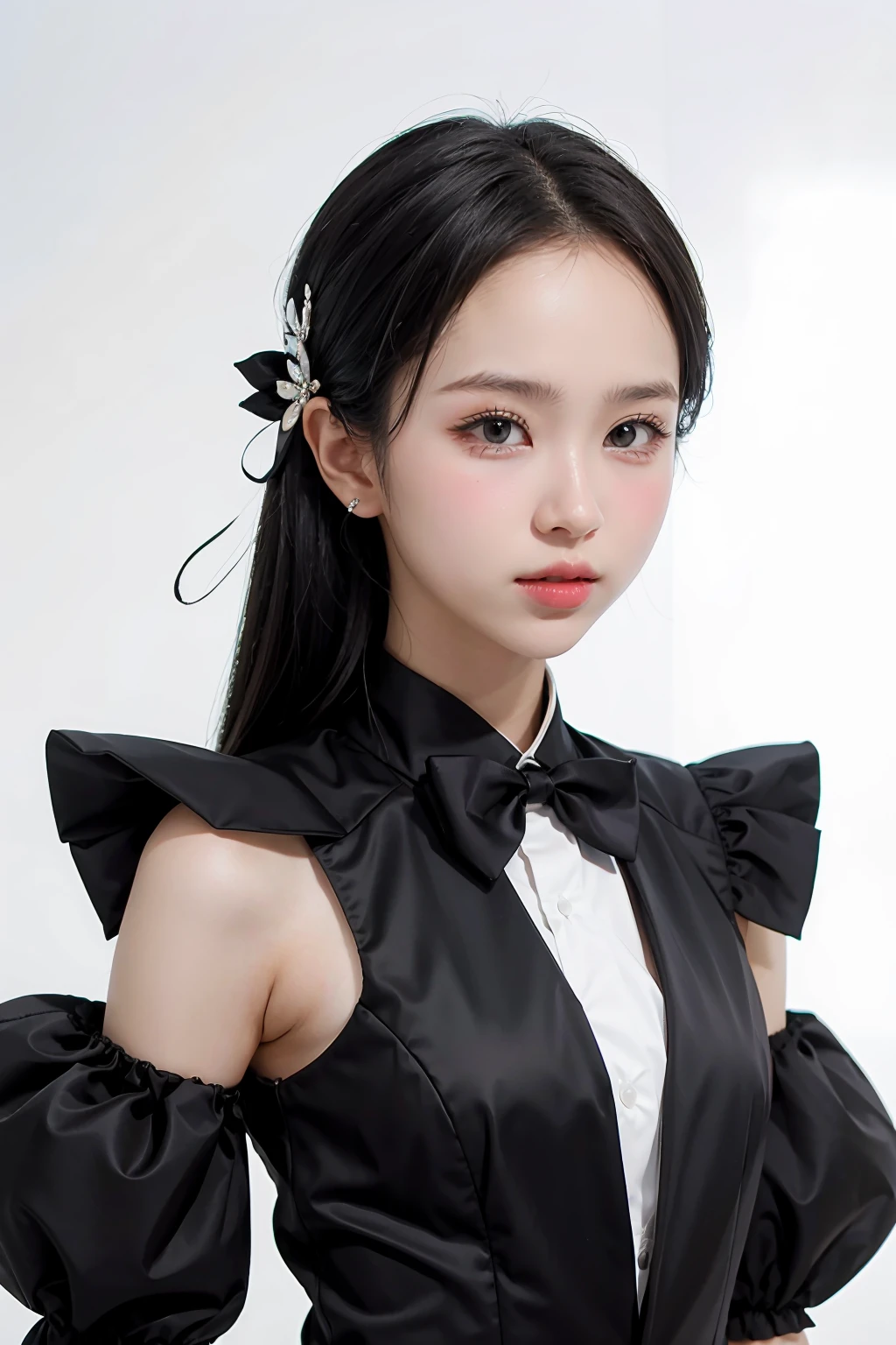 1girl, black random formal attire, white background, <lora:ppunnch_4EVE-02:1>