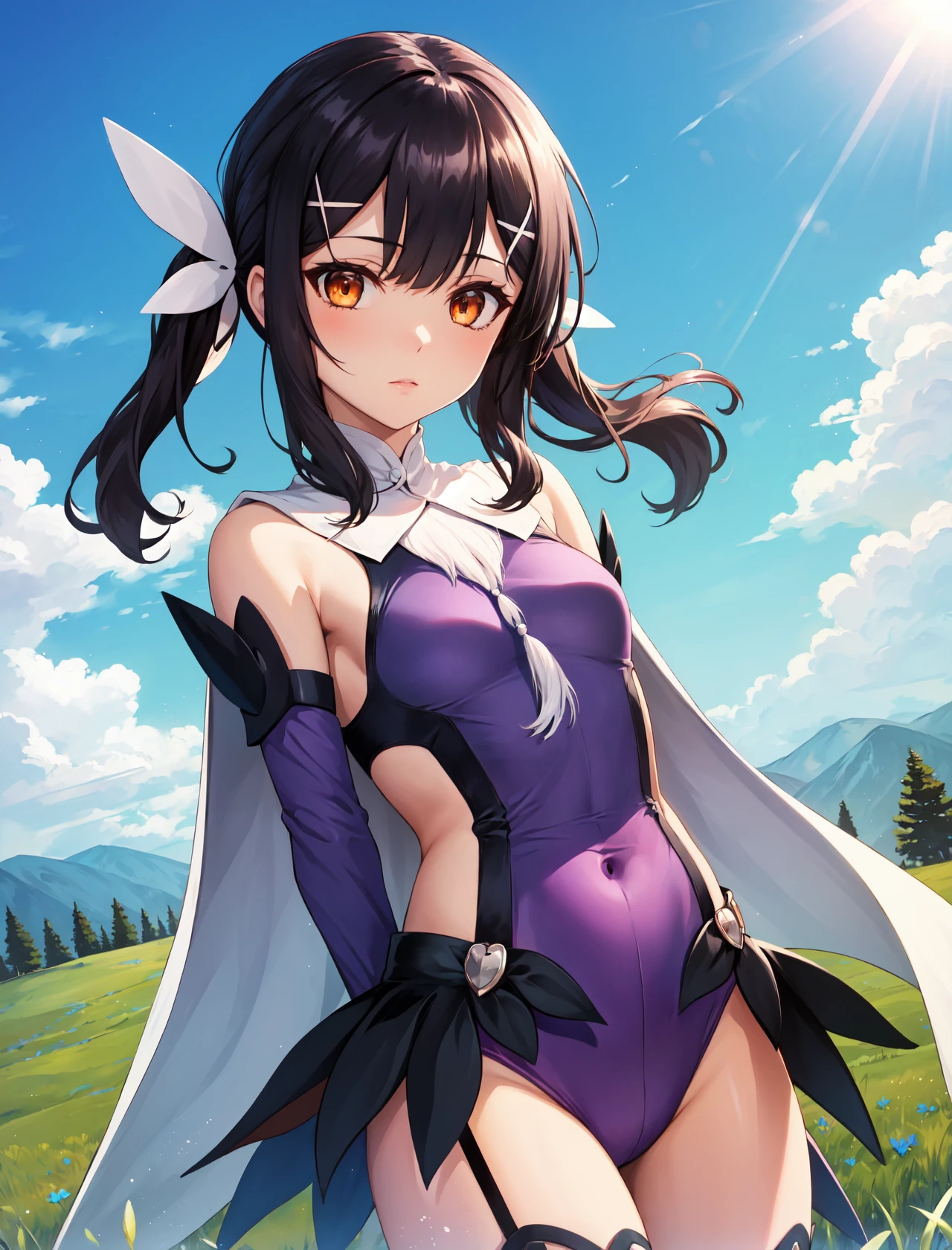 masterpiece, best quality, highres,
MiyuDef, 1girl, solo, orange eyes, brown eyes, black hair, long hair, hairclip, bangs, hair ornament, twintails, low twintails, sidelocks, small breasts, x hair ornament, feather hair ornament,
breasts, thighhighs, bare shoulders, boots, detached sleeves, cape, leotard,covered navel, thigh strap, magical girl, feathers, purple thighhighs, white cape, purple leotard, purple sleeves, miyu edelfelt, medea \(fate\),
cowboy shot, looking at viewer, arms behind back, outdoors, forest, field, sky, blue sky, sunlight, grass, forest, <lora:LoRA_Miyu:1>
