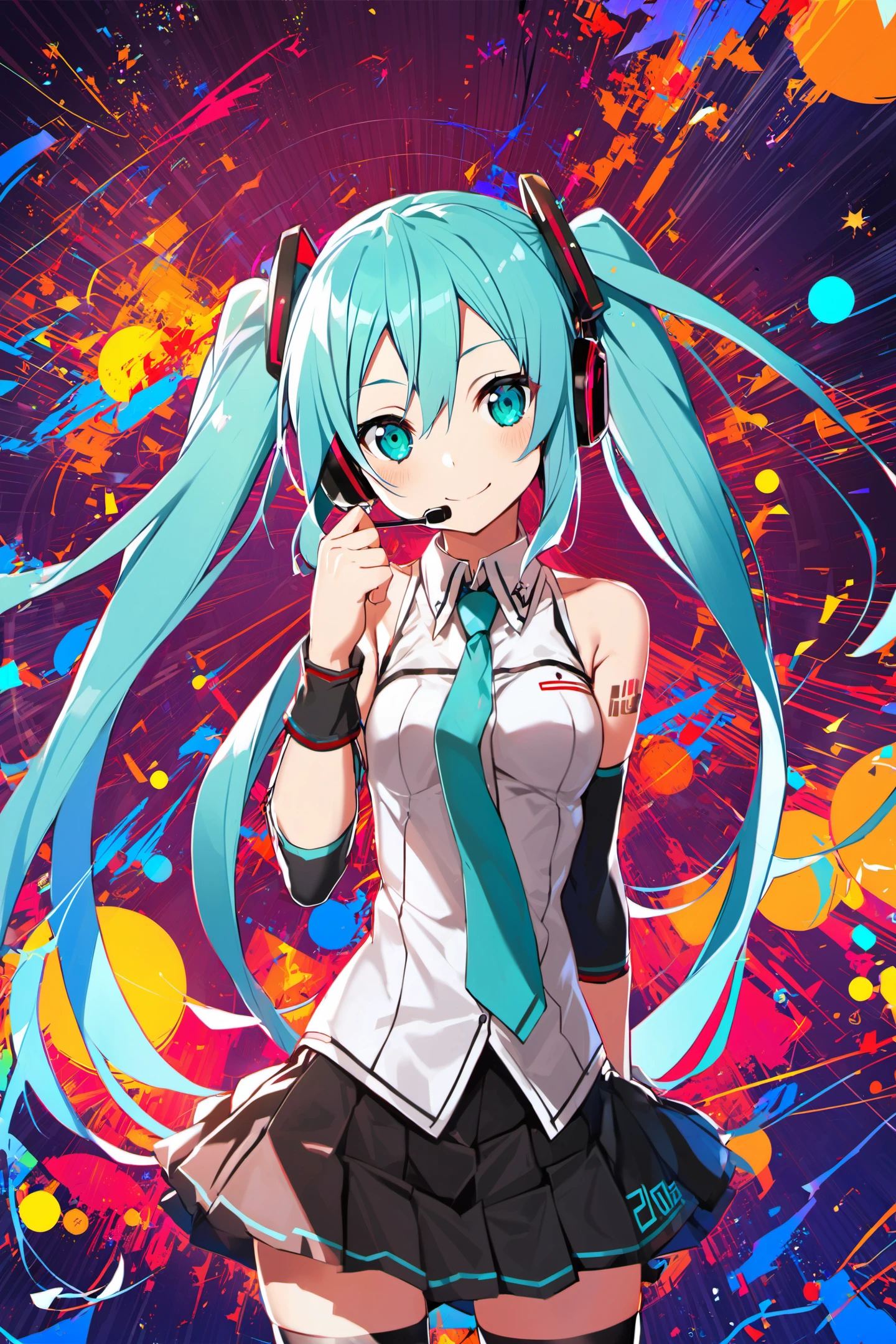 1girl, long hair, solo, hatsune miku, thighhighs, twintails, skirt, detached sleeves, very long hair, necktie, smile, aqua eyes, aqua hair, tattoo, shirt, black thighhighs, sleeveless, zettai ryouiki, black skirt, looking at viewer, headset, sleeveless shirt, hair ornament, pleated skirt, bare shoulders, aqua necktie, headphones, shoulder tattoo, white shirt, standing, black sleeves, miniskirt, <lora:abec_XL:0.8>