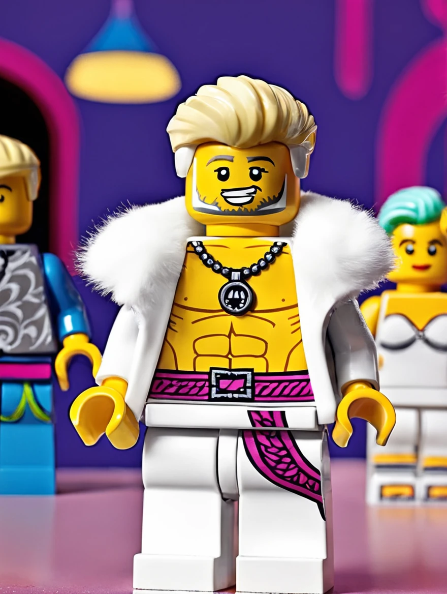 <lora:Lego_XL_v2.1:0.8>
LEGO MiniFig. 
A man with platinum blonde hair and an athletic build wears a luxurious white fur coat over bare chest, accessorized with a headband and necklace, in a vibrant, stylized setting.