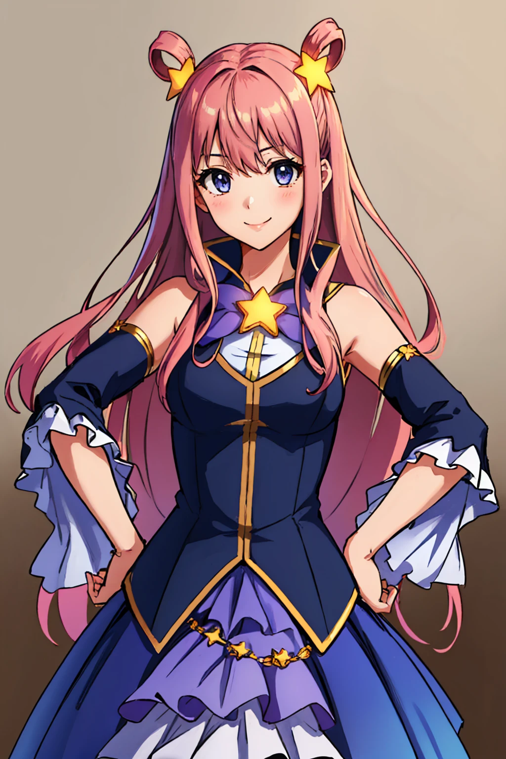(masterpiece, best quality:1.2), gradient background, solo, 1girl, hatsunedef, smile, looking at viewer, hands on hips, hair rings, star hair ornament, frills, vest, shirt, bowtie, detached sleeves, skirt, bare shoulders <lora:princessconnect_hatsune:1>