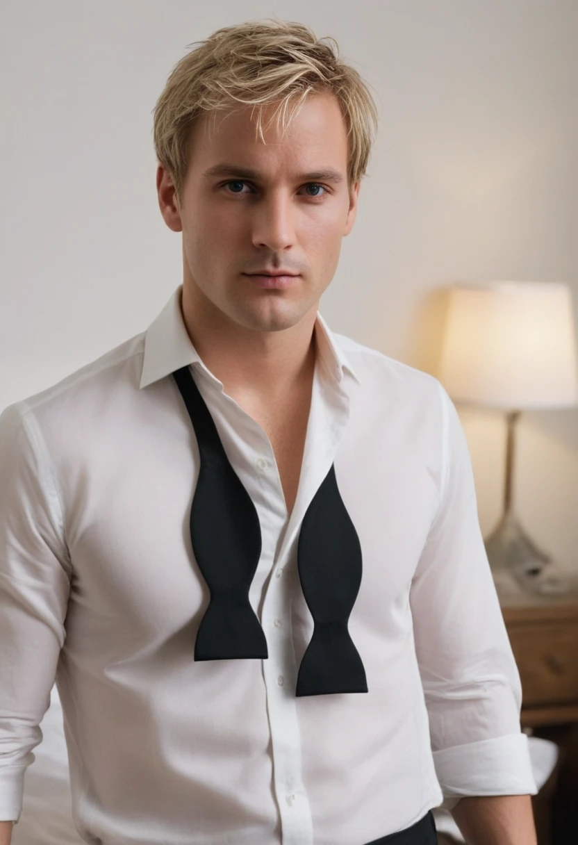 untiboti, slim white man, short messy blonde hair, medium long shot, in a bedroom, looking at viewer, unbuttoned shirt, (loose black tie:0.8),