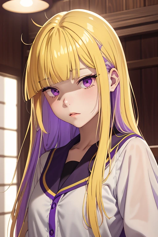 masterpiece, best quality, <lora:ReimiItsushiro:1>, 1girl, solo, yellow hair, long hair, bangs, purple eyes, blunt bangs, sidelocks, purple colored inner hair, 22 years old, bangs, blunt bangs, 3d