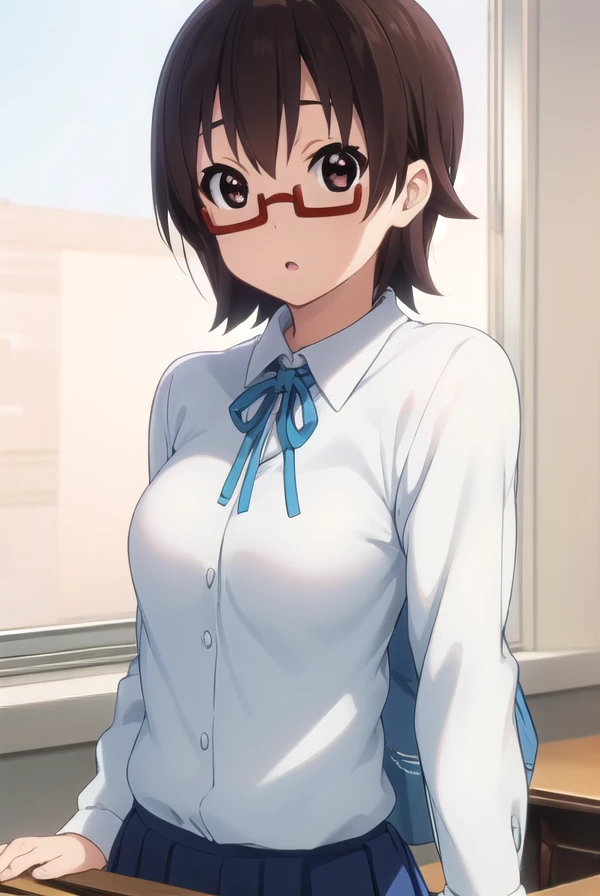 nodokamanabe, <lora:nodoka manabe s2-lora-nochekaiser:1>,
nodoka manabe, short hair, brown hair, (brown eyes:1.5), glasses, semi-rimless eyewear, red-framed eyewear, under-rim eyewear,
BREAK sakuragaoka high school uniform, school uniform, uniform, blazer, shirt, white shirt, collared shirt, skirt, pleated skirt,
BREAK indoors, classroom,
BREAK looking at viewer, (cowboy shot:1.5),
BREAK <lyco:GoodHands-beta2:1>, (masterpiece:1.2), best quality, high resolution, unity 8k wallpaper, (illustration:0.8), (beautiful detailed eyes:1.6), extremely detailed face, perfect lighting, extremely detailed CG, (perfect hands, perfect anatomy),