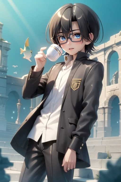 (best quality:1.1), (masterpiece:1.4), movie still, looking at viewer, , , anime coloring, (anime:1.4), 1boy, solo, male focus, <lora:kanade_okada:0.82>, kanade_okada, black hair, blue eyes, , burglar costume, Atlantis: A lost city of great wisdom and power, now drowned beneath the sea,