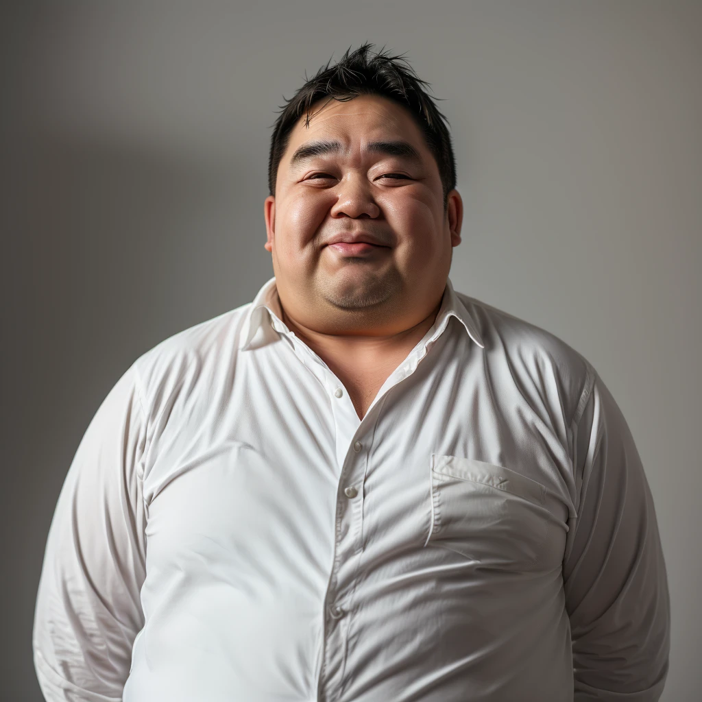 mid bear,solo,looking at viewer,short hair,simple background,shirt,black hair,1boy,white background,brown eyes,closed mouth,white shirt,upper body,male focus,collared shirt,grey background,lips,muscular,facial hair,half-closed eyes,thick eyebrows,realistic,stubble,fat,fat man,<lora:ä¸­å¹´èç-000007:0.8>,