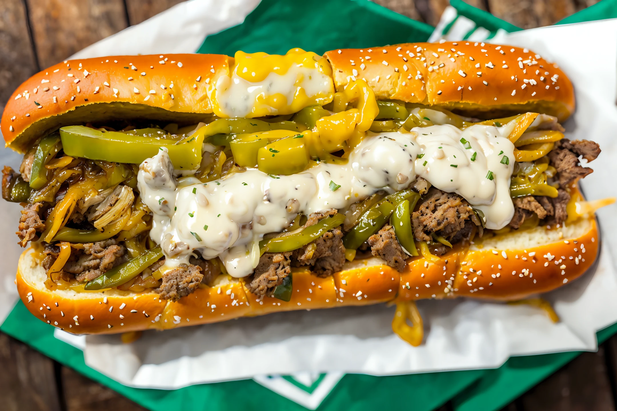 cheesesteak, smoke, white cheese, food focus, from above, photography, bokeh, fried onions, green peppers, gloss,