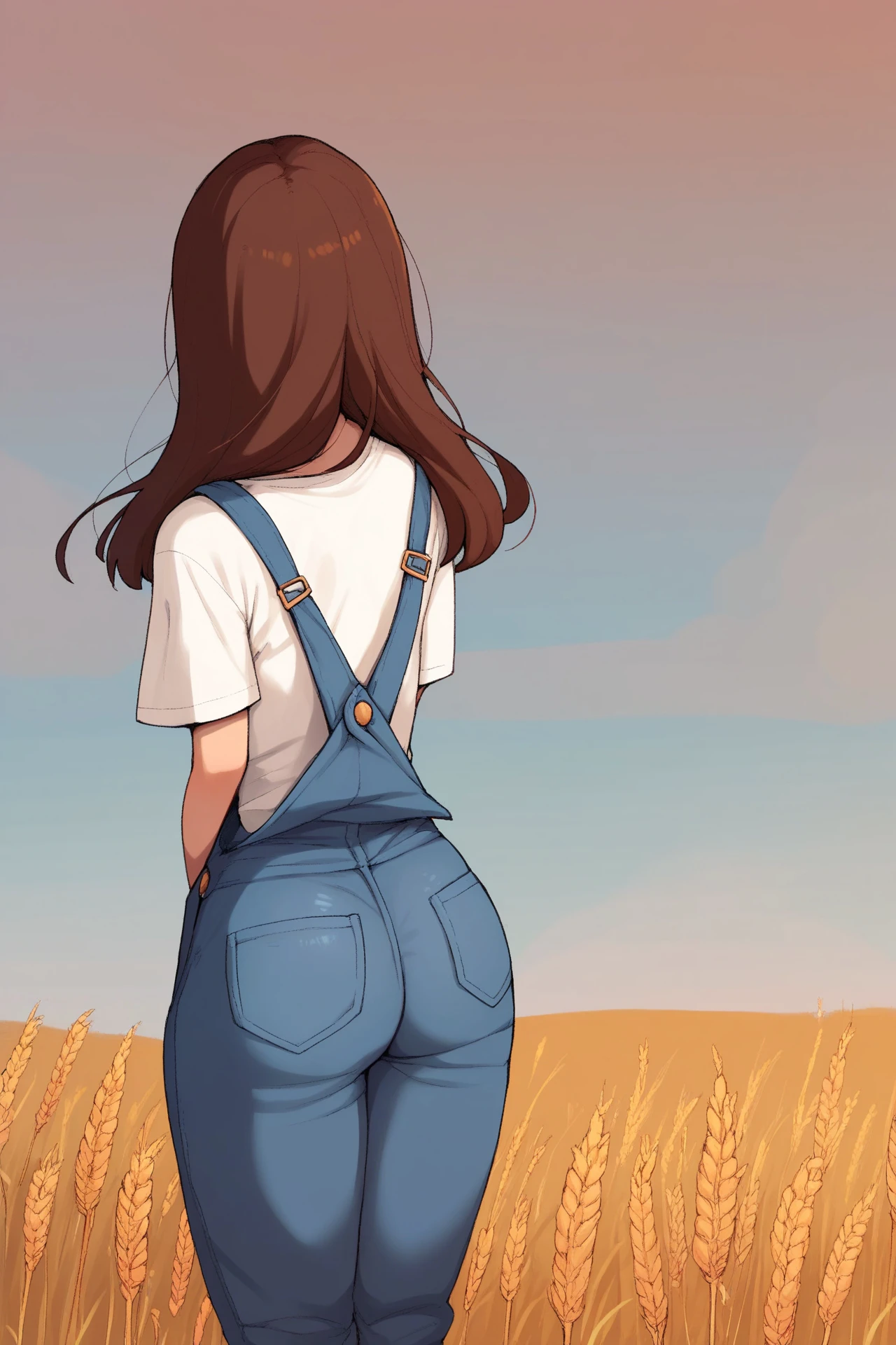 score_9, score_8_up, score_7_up, score_6_up, score_5_up, score_4_up, outside, wheat field, field, day, sunbeam, sun, sky, rear view, female, solo, human, long hair, brown hair, butt, overalls, white t-shirt