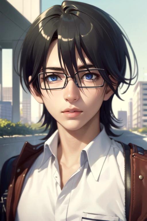 (best quality:1.1), (masterpiece:1.4), photorealistic, looking at viewer, upper body, depth of field, ligne claire, (semi-realistic:1.4), 1boy, solo, male focus, <lora:kanade_okada:0.8>, kanade_okada, black hair, blue eyes, glasses, , science fiction apocalyptic and post-apocalyptic,