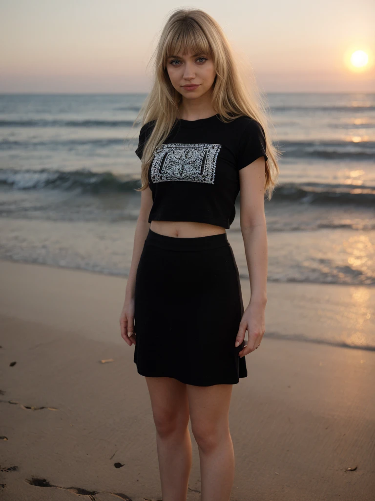im0gen,blonde long hair with bangs,full body,skirt,bare legs,black heels,t-shirt ,sunrise,beach background,extreme dof,masterpiece,intricated,bokeh,soft lighting,chiaroscuro,close-up,dynamic pose,(extremely detailed),(detailed skin),realistic photo,standing,add_detail,8k,uhd