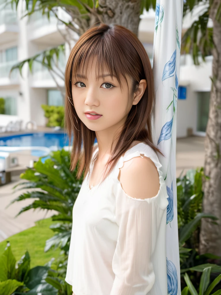 <lora:YourOgura_Yuko_SDXL:1>, highres,best quality ,((Ogura Yuko)),japanese woman, (close-up:2), (natural lighting) ,(from side),  (white sweater),(dyanmic posing) (see-through curtain), pool, tree, hotel, city,