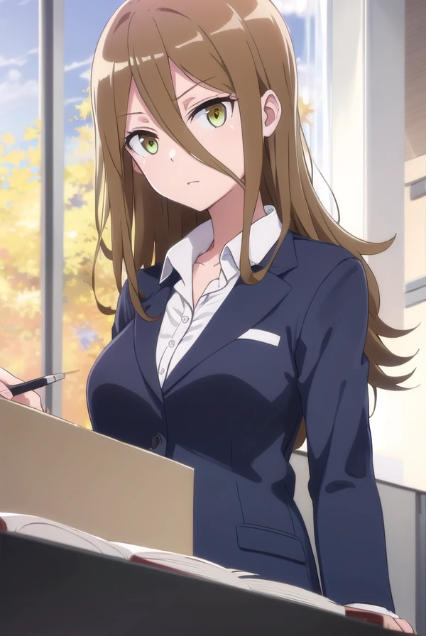 rumikaaina, <lora:rumika aina s1-lora-nochekaiser:1>,
rumika aina, long hair, brown hair, hair between eyes, (green eyes:1.3),
BREAK skirt, shirt, jacket, formal, suit, office lady, skirt suit,
BREAK indoors, classroom,
BREAK looking at viewer,
BREAK <lyco:GoodHands-beta2:1>, (masterpiece:1.2), best quality, high resolution, unity 8k wallpaper, (illustration:0.8), (beautiful detailed eyes:1.6), extremely detailed face, perfect lighting, extremely detailed CG, (perfect hands, perfect anatomy),