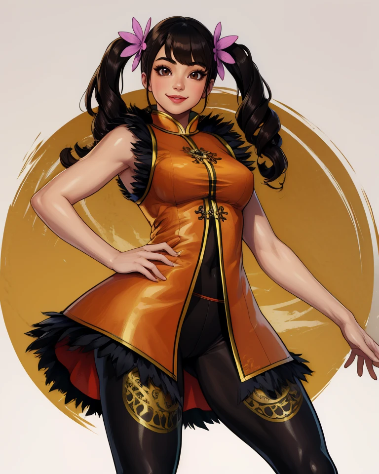 LingX,black hair,twintails,brown eyes,hair ornament,
orange coat,chinese clothes,black pantyhose,sleeveless,fur trim,
temple,dawn,
standing,
looking at viewer,smile,
(insanely detailed, masterpiece, best quality),solo,<lora:LingXT7:0.9>,