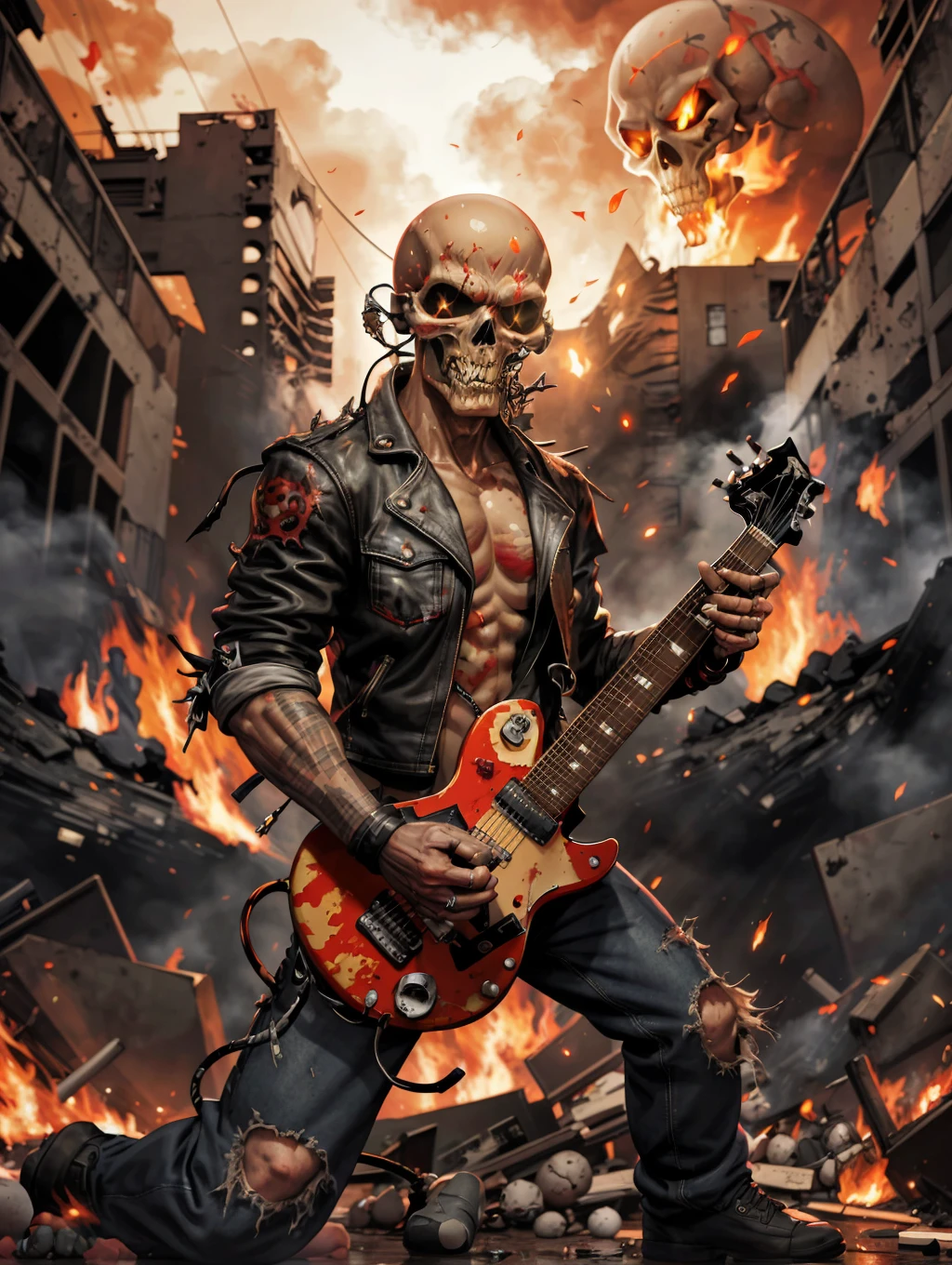 masterpiece, best quality, 8K, HDR, ultra detailed, Knucklehead, carnage, guitar, fire, destroyed courtyard, bald head, skull, <lora:MMMRS:1>