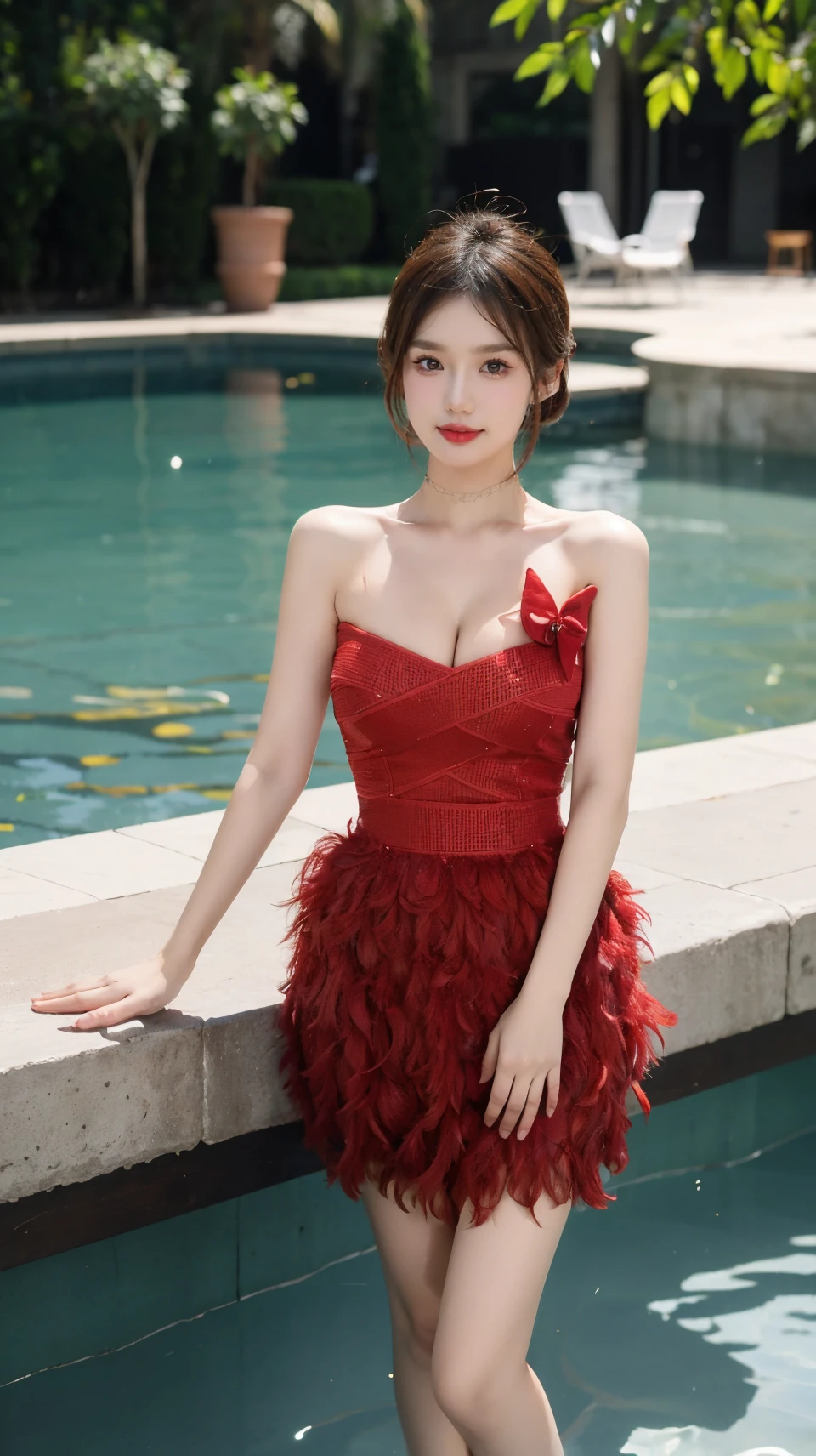best quality,HDR,UHD,8K,Vivid Colors,solo,photo_,cute & girly,(1girl:1.3),(standing:1.3),(looking at viewer:1.4),swimming poor,(outdoors:1.3),Elegant,detailed gorgeous face,upper body,cleavage,<lora:rc80:0.8>,rc,(red dress:1.3),bow,butterfly,fur dress,