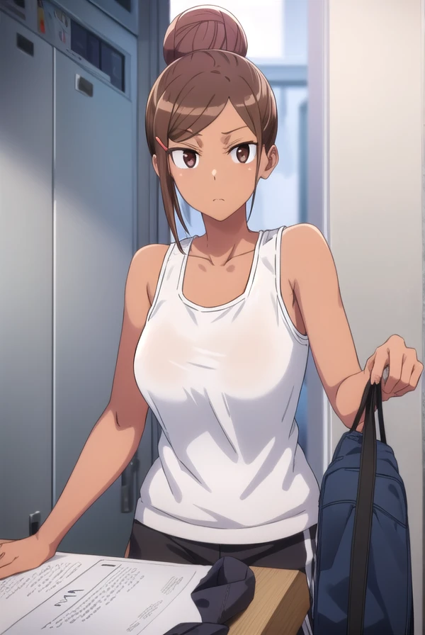 ayakauehara, <lora:ayaka uehara s1-lora-nochekaiser:1>,
ayaka uehara, brown hair, hair ornament, (brown eyes:1.5), hairclip, dark skin, hair bun, dark-skinned female, single hair bun,
BREAK shirt, white shirt, shoes, shorts, sleeveless, black footwear, sleeveless shirt, black shorts, tank top, sneakers,
BREAK indoors, gym,
BREAK looking at viewer,
BREAK <lyco:GoodHands-beta2:1>, (masterpiece:1.2), best quality, high resolution, unity 8k wallpaper, (illustration:0.8), (beautiful detailed eyes:1.6), extremely detailed face, perfect lighting, extremely detailed CG, (perfect hands, perfect anatomy),