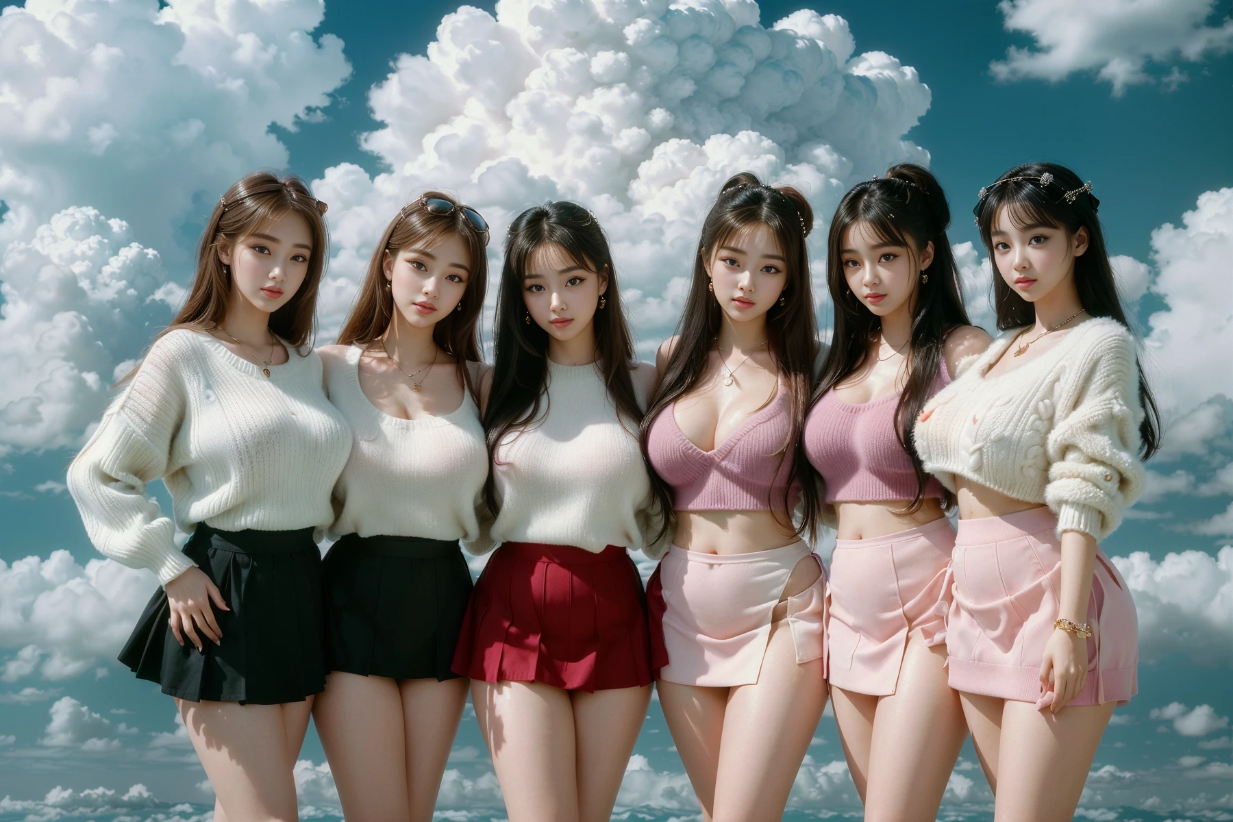 (masterpiece), (dreamlike realism:1.3), dreamy vibe, 8K, RAW, soft dark lighting, shadows, (blurry background, bokeh, shallow depth of field:1.3), film grain, (multiple girls, harem:1.5), parted lips, smiling, full body portrait, thick glossy lips, perfect nose, beautiful Korean women, supermodels, female, K-pop idol makeup, K-pop Idol, long hair, hair accessories, jewelry, necklace, thick lips, make up, (eyeliner:1.2), (oversized sweater, pleaded skirt:1.5), (extremely large breasts:1.5), gigantic ass, (wide hips, thick thighs:1.5), thick body, skindentation, (standing together, in the middle of a large fluffy cloud, in the sky, 1995, vaporwave design aesthetics:1.5), foggy, dreamlike atmosphere