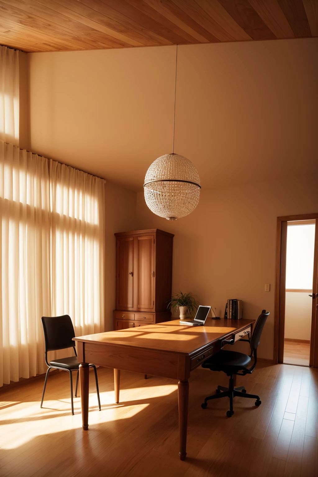 int design,indoors,chair,door,wooden floor,tree,desk,table,scenery,no humans,Simple ceiling,soft light and shadow,Built-in cabinet,One-point perspective,8k,Photo grade professional 3D rendering,<lora:intdesignlw:1>,