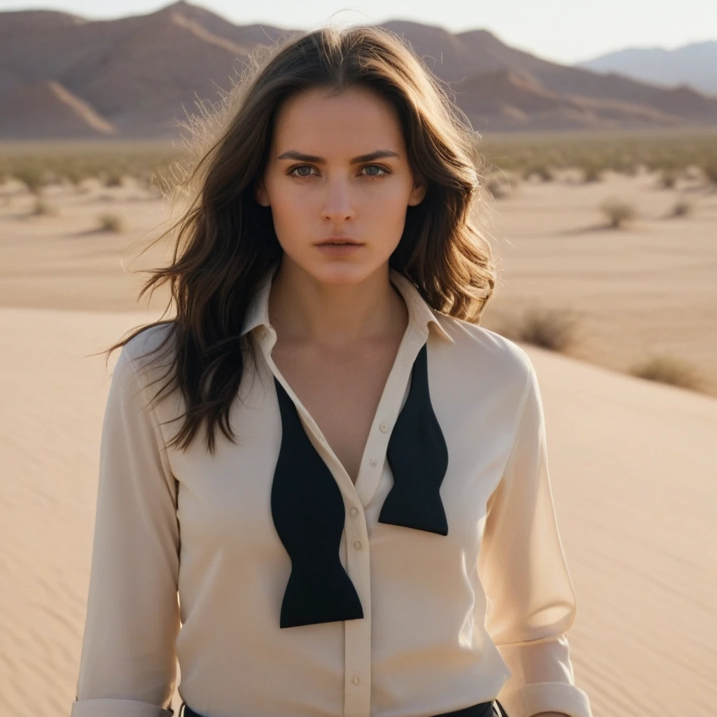 untiboti, skinny petite young white woman, medium long shot, in a desert, looking at viewer, unbuttoned beige shirt, split loose black tie, long wavy brunette hair