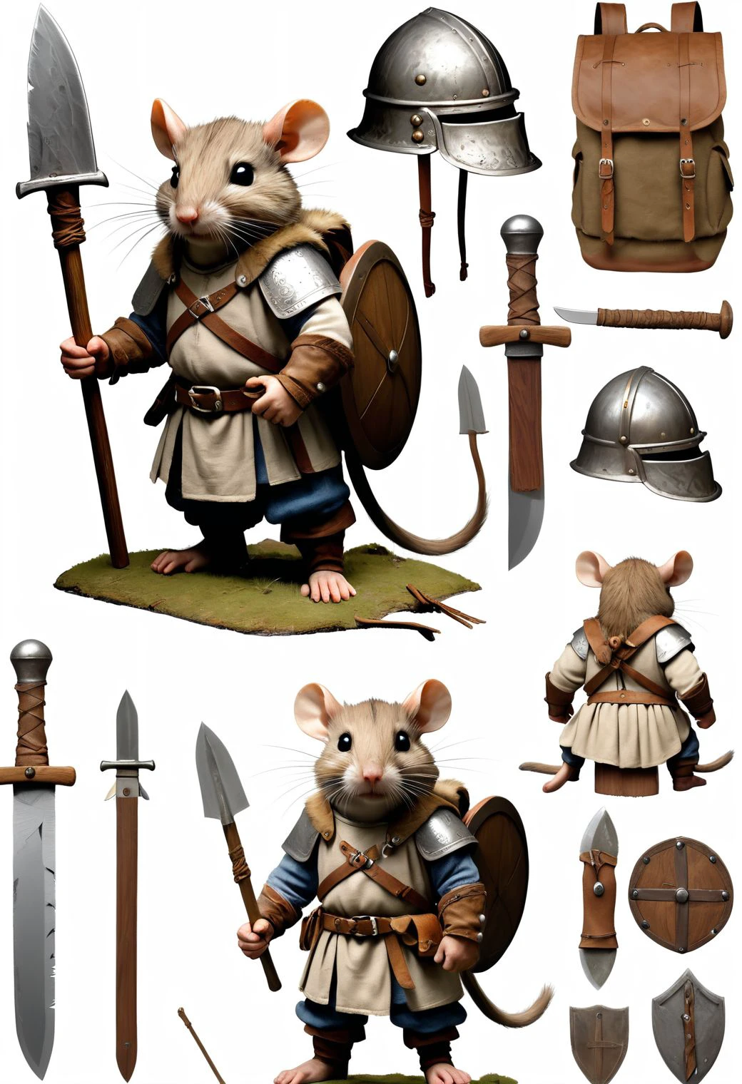 viking rodent, hero, small trip , medieval clothes, helmet, breast plate,  smart, old linen back pack, little knife, holding wooden stick, knolling, masterpiece, best quality, perfect lighting, extremely detailed, reference sheet, simple white background, (multiple views, [from behind|from front|upper body|portrait]:1)