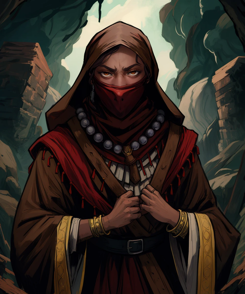 Antiquarian,brown eyes,
hood,jewelry,necklace,red mouth mask,brown robe,
standing,upper body,looking at viewer,
treasure,bight,underground, darkest dungeon,
(insanely detailed, masterpiece, best quality),<lora:Antiquarian:0.8>,