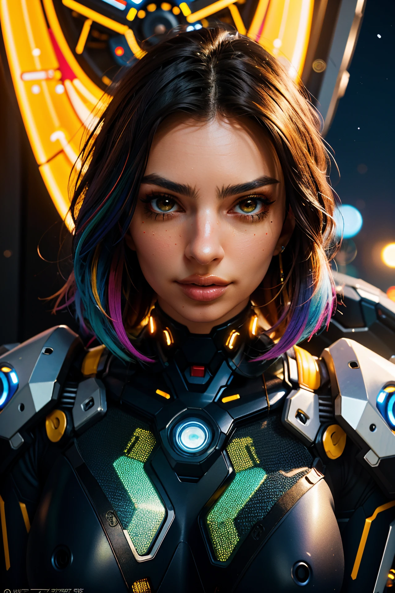 (best quality, masterpiece, colorful, dynamic angle, highest detailed)upper body photo, full body photo, fashion photography of cute 1girl, mechanical arms, cyborg, dark mood, dystopia, glowing, looking at viewer, sitting, long hair, bokeh (intricate details, hyperdetailed:1.15), detailed, moonlight passing through hair, (official cyberpunk art, extreme detailed, highest detailed), HDR+ <lora:EmilyRATonemoretime:1> 3mrat1o
