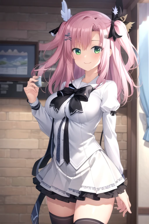 ((masterpiece)),(best quality),official art,extremely detailed CG,unity 8k wallpaper,ultra detailed,beautiful detailed eyes,extremely detailed face,1girl,solo,cowboy shot,looking at viewer,facing viewer,smile,long hair,pink hair,green eyes,hair bow,yellow bow,hair one side up,hair ornament,hairclip,sidelocks,hair between eyes,school uniform,long sleeves,white shirt,puffy detached sleeves,black bow,black ribbon,large breasts,white skirt,frilled skirt,kneehighs,black socks,loafers,<lora:Tsubasa Touri(pa):0.9>,