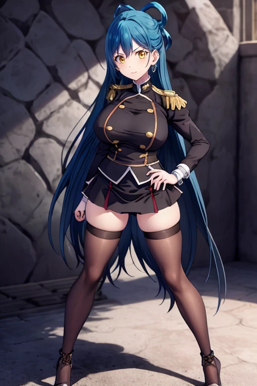obra maestra, alta calidad, Mejor calidad, 1 chica, (mujer musculosa:1.0), (pechos super gigantescos:1.0), (boca cerrada, media sonrisa), kiryuin satsuki, blue eyes, charreteras, Pinza para el cabello, Uniforme militar negro, falda, The army has, Botas hasta el muslo negras, anime screencap, (Totalmente vestida:1.0), cuerpo completo 