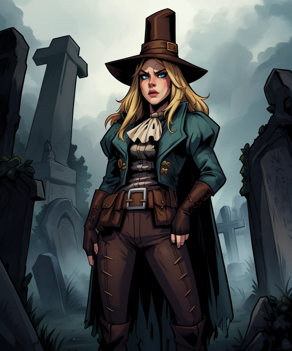 GrveRbber, blond hair, smile, sitting, covered nipples, open clothes, blue eyes,
top hat, coat, pants, fingerless gloves, belt, ascot, upper body, cleavage,
woods, dark, graveyard, darkest dungeon,
(insanely detailed, beautiful detailed face, masterpiece, best quality) <lora:GraveRobber-10:0.7>
