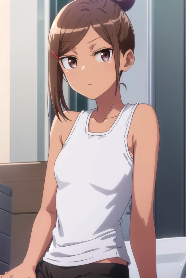 ayakauehara, <lora:ayaka uehara s1-lora-nochekaiser:1>,
ayaka uehara, brown hair, hair ornament, (brown eyes:1.5), hairclip, dark skin, hair bun, dark-skinned female, single hair bun,
BREAK shirt, white shirt, shoes, shorts, sleeveless, black footwear, sleeveless shirt, black shorts, tank top, sneakers,
BREAK indoors, gym,
BREAK looking at viewer,
BREAK <lyco:GoodHands-beta2:1>, (masterpiece:1.2), best quality, high resolution, unity 8k wallpaper, (illustration:0.8), (beautiful detailed eyes:1.6), extremely detailed face, perfect lighting, extremely detailed CG, (perfect hands, perfect anatomy),