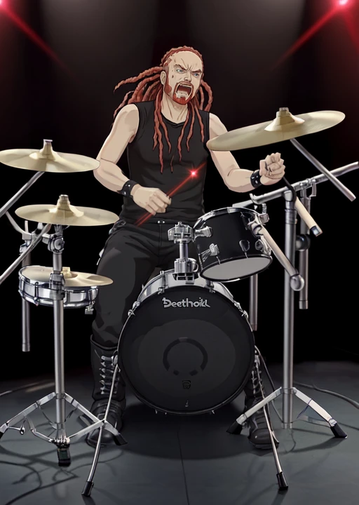 dethklok,pickles, full body, dreadlocks, beard, black sleeveless shirt, black pants, boots, on stage, playing drums, angry, shout, laser show<lora:Dethklok_Metalocalypse-000012:0.8>
