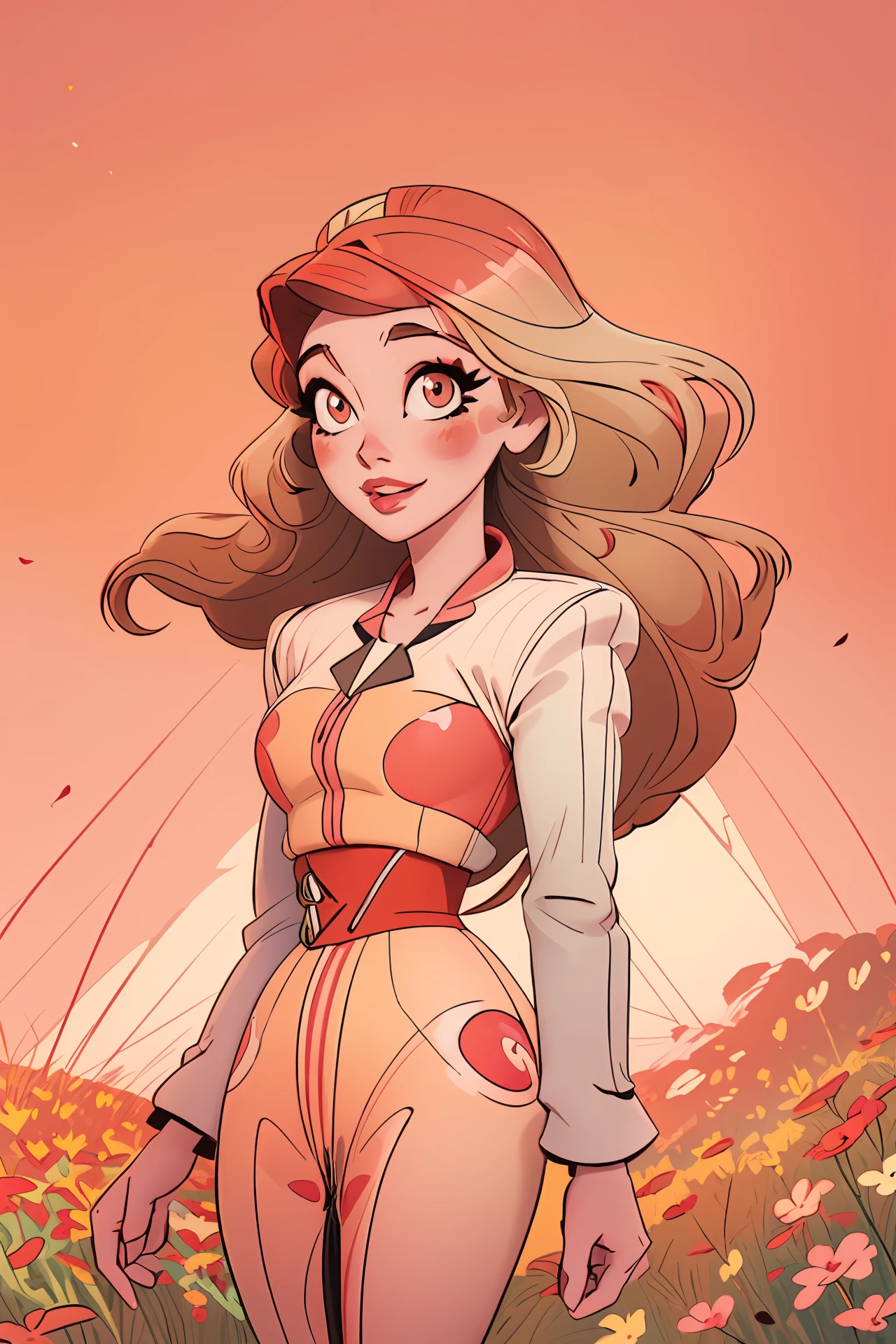 A woman in a vintage-inspired floral dress, her hair styled in loose waves, with a confident and radiant expression, open field, flower field, bloom, sunset, smile,  (((curvy))), ((mature female)), very short hair, ((thick lips)),  anime screencap, flat color, floating hair, wind, falling petals,  red sky, dappled sunlight, closed mouth, cherry tree, 
masterpiece, best quality, intricate detail, <lora:Charliemodel:1> charlie morning star, blonde hair
