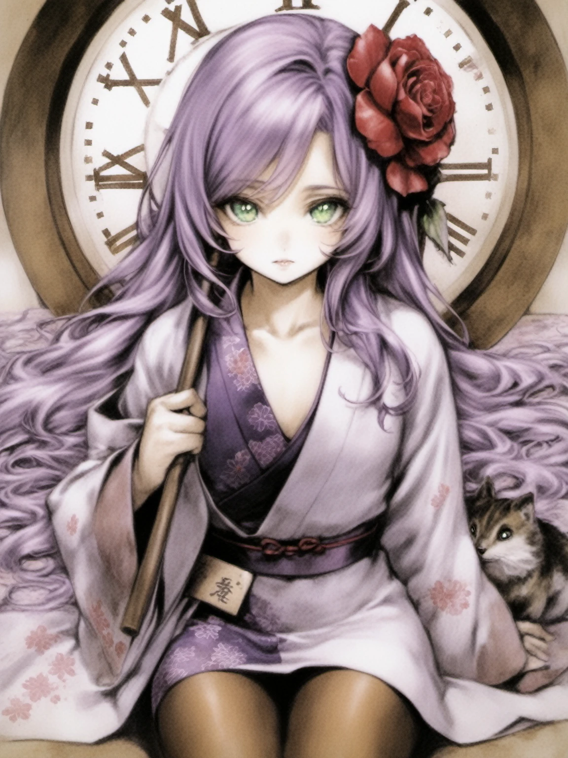 male focus,traditional media,
//,
1girl,animal,bag,bunny-shaped_pupils,cherry_blossoms,clock,collarbone,dress,flower,green_eyes,hair_flower,japanese_clothes,long_hair,looking_at_viewer,multiple_girls,pantyhose,plant,purple_hair,purple_skirt,red_rose,sitting,solo,thighhighs,transparent_umbrella,very_long_hair,
//,
<lora:å°å²æç¾æ¶éåXL-000015:1>,