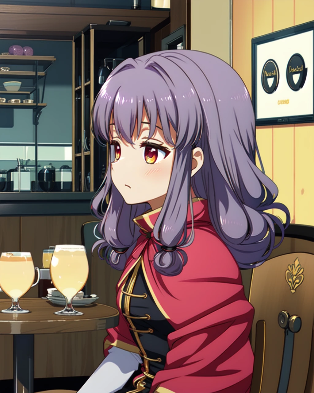 masterpiece, high quality, mgrcinamimitsuru, 1girl, |(close shot), purple hair, pink eyes, black with pink dress with golden edgings, pink shawl with golden edgings, side view, sitting, indoors, cafe, chair, table, <lora:mgrcinamimitsuru-000016:0.9>