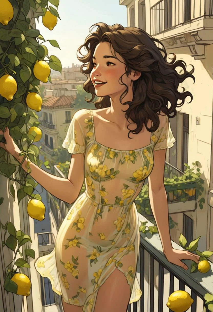 graphic novel comics, balcony view, highly detailed, wide angle , delicate, flat chested, feminine, beautiful girl with wavy dark hair in the wind, in transparent pale yellow flowered dress calling a friend in the street below her, vines, lemons, limonade, vegetation, peaceful place, warm atmosphere, happy life