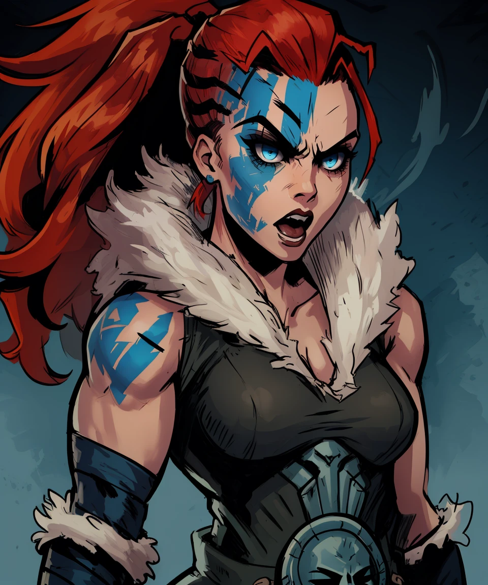hellion,red ponytail,blue facial tattoo,blue body tattoos,serious,shaded face,blue eyes,
standing,upper body,muscular,
dark,darkest dungeon, winter, 
(insanely detailed, beautiful detailed face, masterpiece, best quality),
<lora:hellion-10DDv7:0.8>,