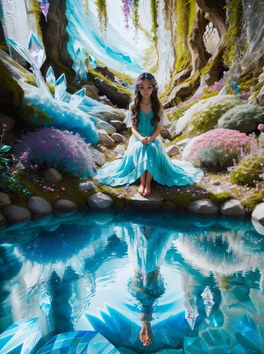 ais-fairiez crystal cave, reflecting a kaleidoscope of colors, with a gentle stream flowing through it <lora:Fairies_Style_SD1.5:1>