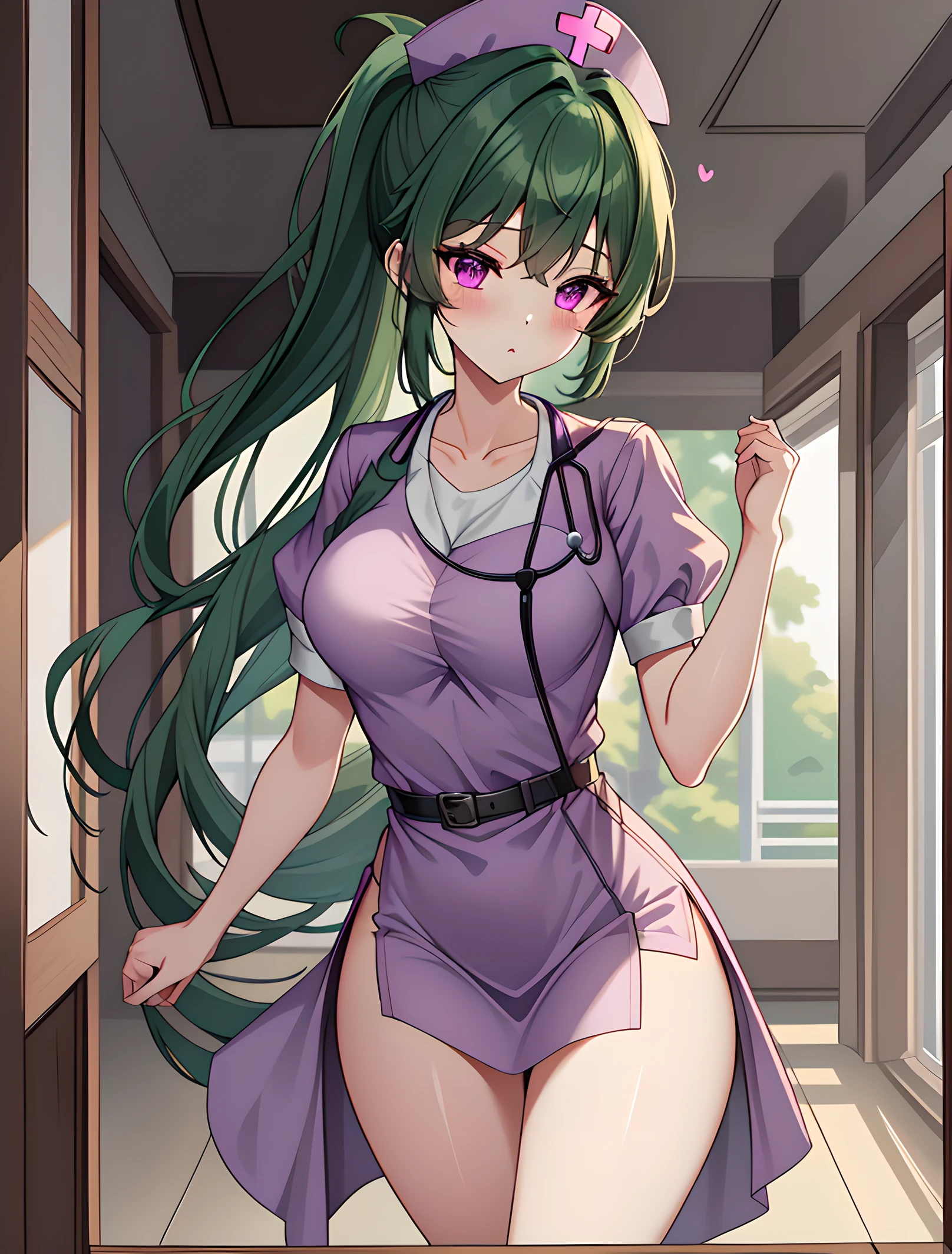 ((masterpiece, best quality, high quality)),1girl, ((uncropped,lower body, hospital)), <lora:Purple Nurse:0.6> (purple_nurse_cst, stethoscope, nurse, nurse cap, purple headwear, purple dress, jewelry), <lora:Mari Sukuma:0.7> (mari sukuma, 3dcg_10, 1girl, solo, long hair, breasts, bangs, medium breasts, ponytail, green hair, pink eyes, sidelocks, ahoge, crossed bangs),