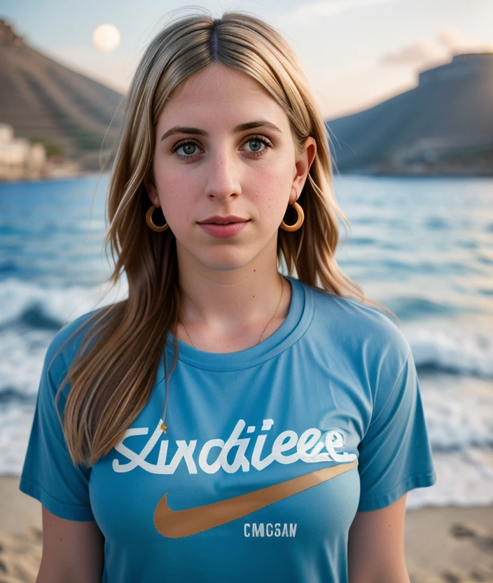 <c3n4d3>, closeup portrait, beautiful girl perfect hair, (modern photo, Cloud Burst Blue graphic tee), 24mm, (analog, cinematic, film grain:1.3), (A tranquil, moonlit Greek island beach:1.1), detailed eyes, (seductive pose), (epicPhoto), smile, 