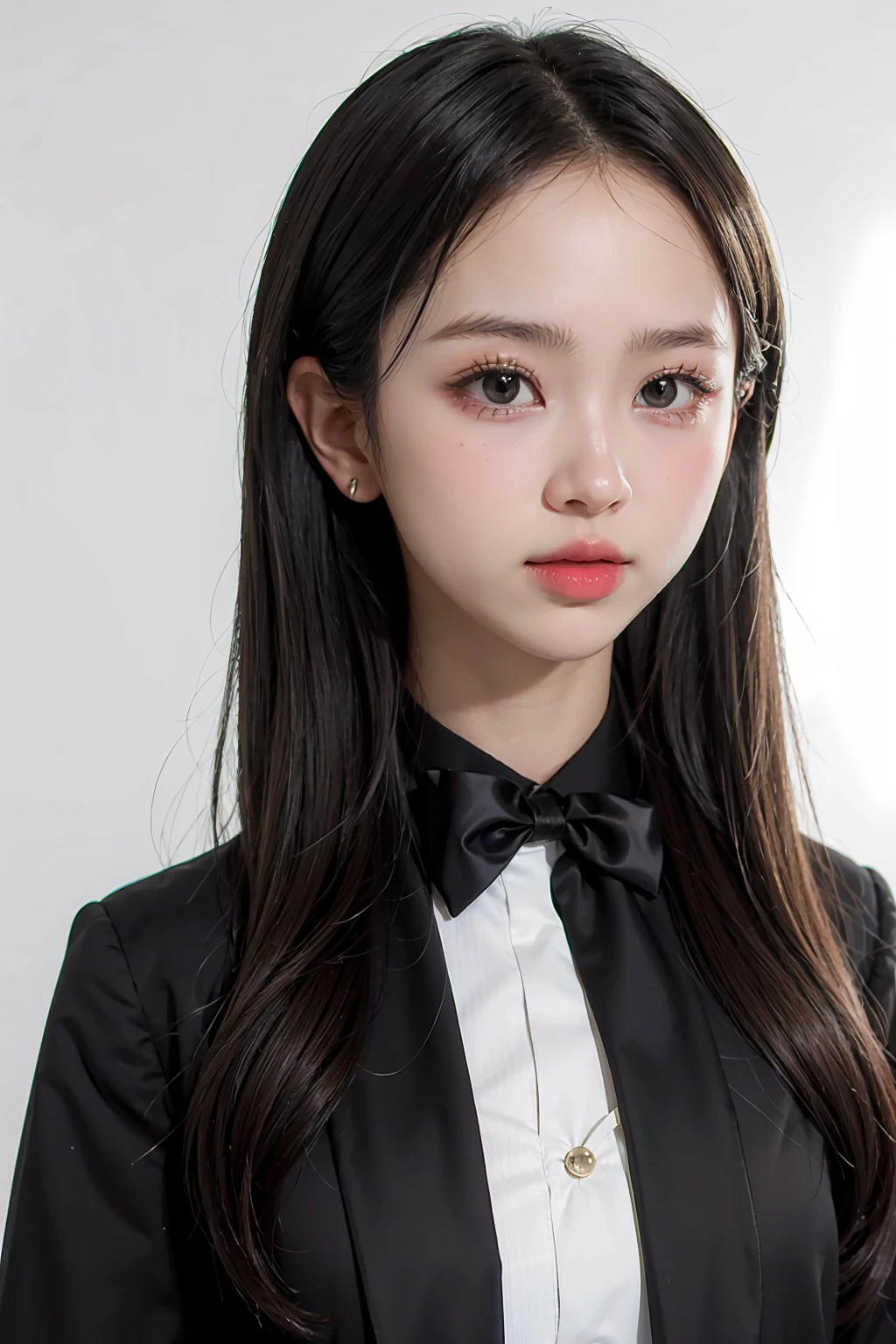 1girl, black  random formal attire, white background, <lora:hannah_kmz-02:1>