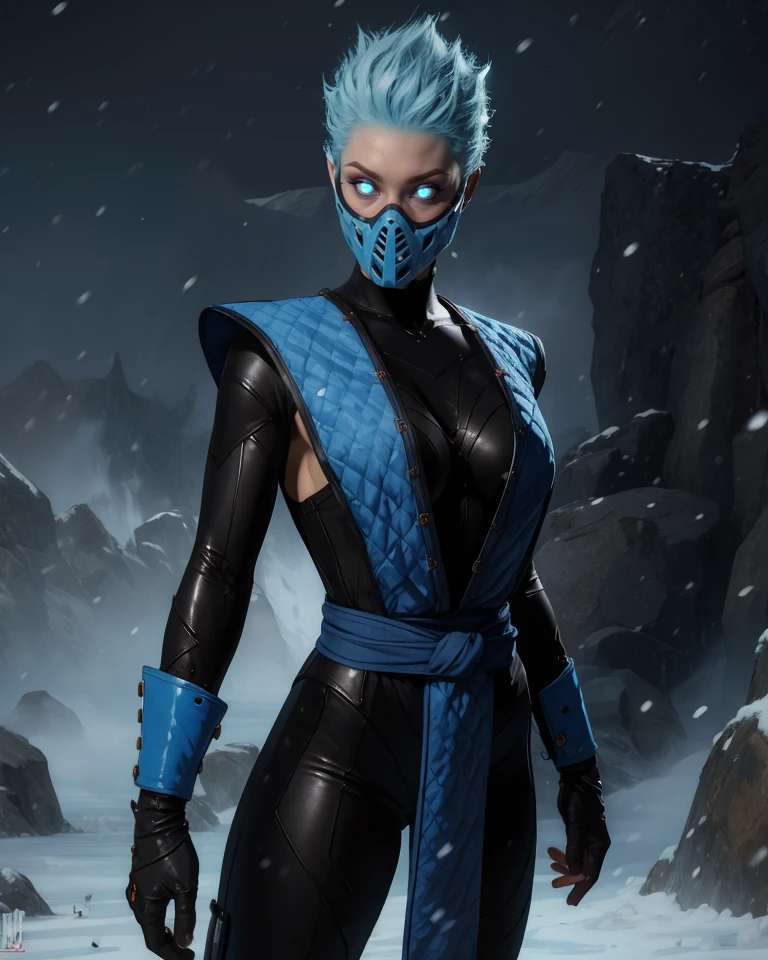 Frost,blue eyes,mouth mask,glowing eyes,short hair,
bodysuit,blue attire,cleavage,
standing,upper body,
dojo,snow,ice,
(insanely detailed, masterpiece, best quality) solo,<lora:FrostD:0.8>,