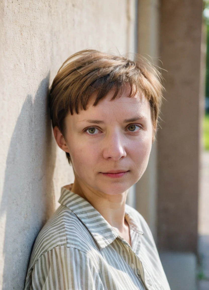 portrait of marinagrankova, a woman with short brown hair leaning against a wall, formal, outside, soft light, sunshine,
 <lora:MarinaGrankova_XL:0.8>