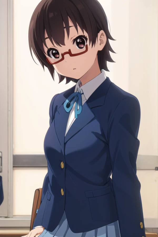 nodokamanabe, <lora:nodoka manabe s2-lora-nochekaiser:1>, 
nodoka manabe, short hair, brown hair, (brown eyes:1.5), glasses, semi-rimless eyewear, red-framed eyewear, under-rim eyewear,
BREAK sakuragaoka high school uniform, school uniform, uniform, blazer, shirt, white shirt, collared shirt, skirt, pleated skirt,
BREAK indoors, classroom,
BREAK looking at viewer, (cowboy shot:1.5),
BREAK <lyco:GoodHands-beta2:1>, (masterpiece:1.2), best quality, high resolution, unity 8k wallpaper, (illustration:0.8), (beautiful detailed eyes:1.6), extremely detailed face, perfect lighting, extremely detailed CG, (perfect hands, perfect anatomy),