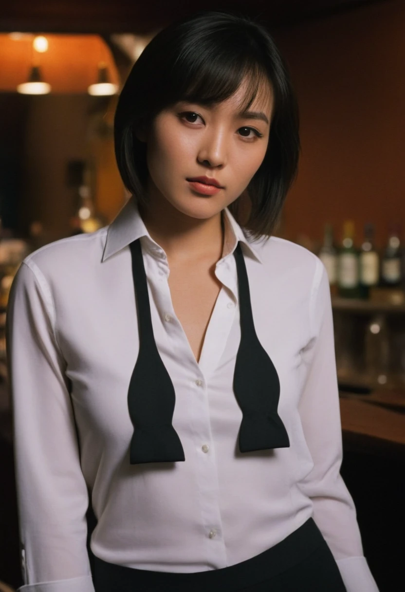 untiboti, skinny petite asian woman, medium long shot, in a bar at night, looking at viewer, unbuttoned shirt, split loose black tie,