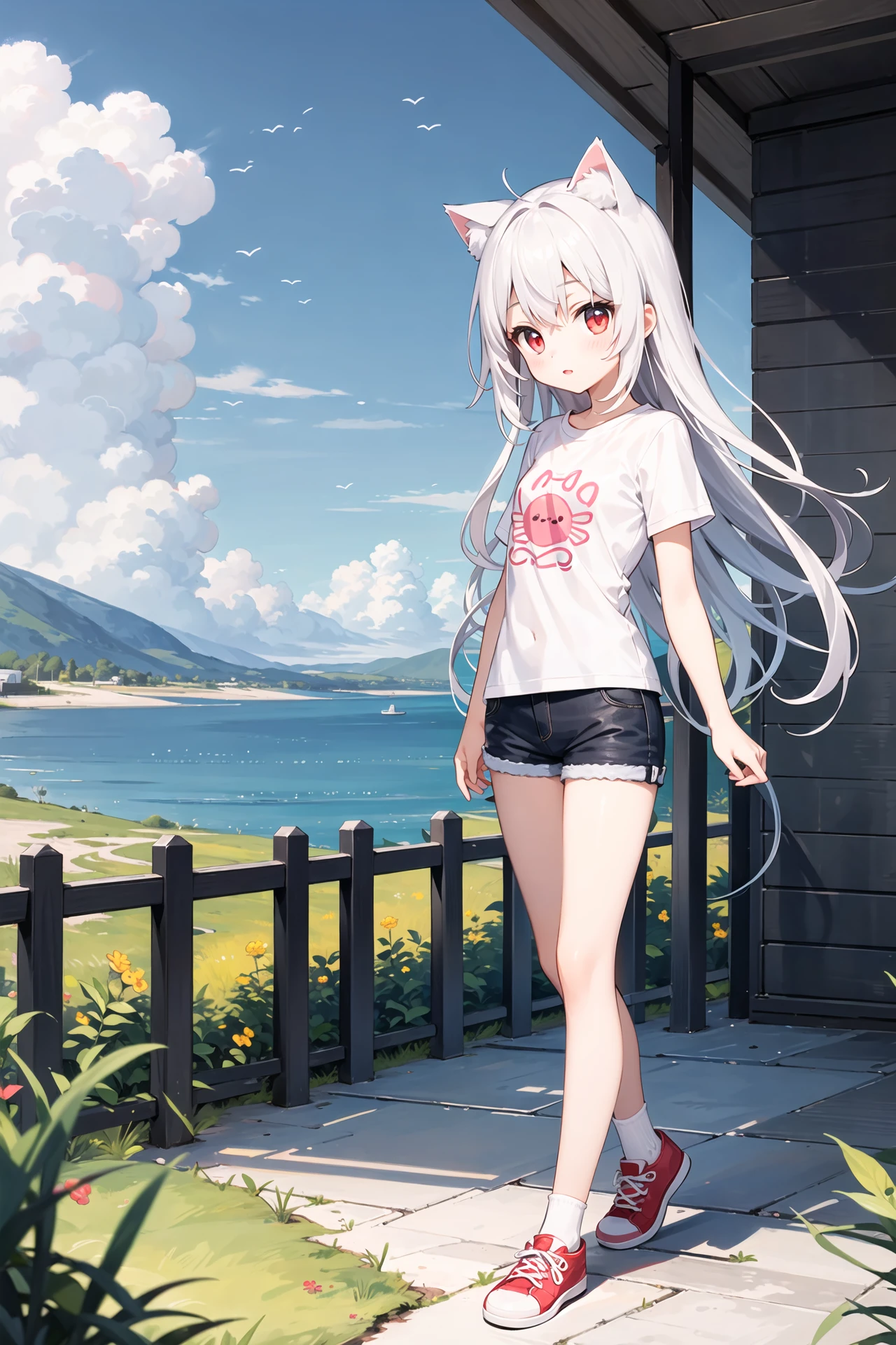 (((masterpiece))), best quality, illustration, young girl, 1girl with light white long hair, beautiful detailed red eyes, light white long straight hair, ((cute)), (petite), slim, solo, solo focus, standing, full body, sky, t-shirt, shorts, cat ears